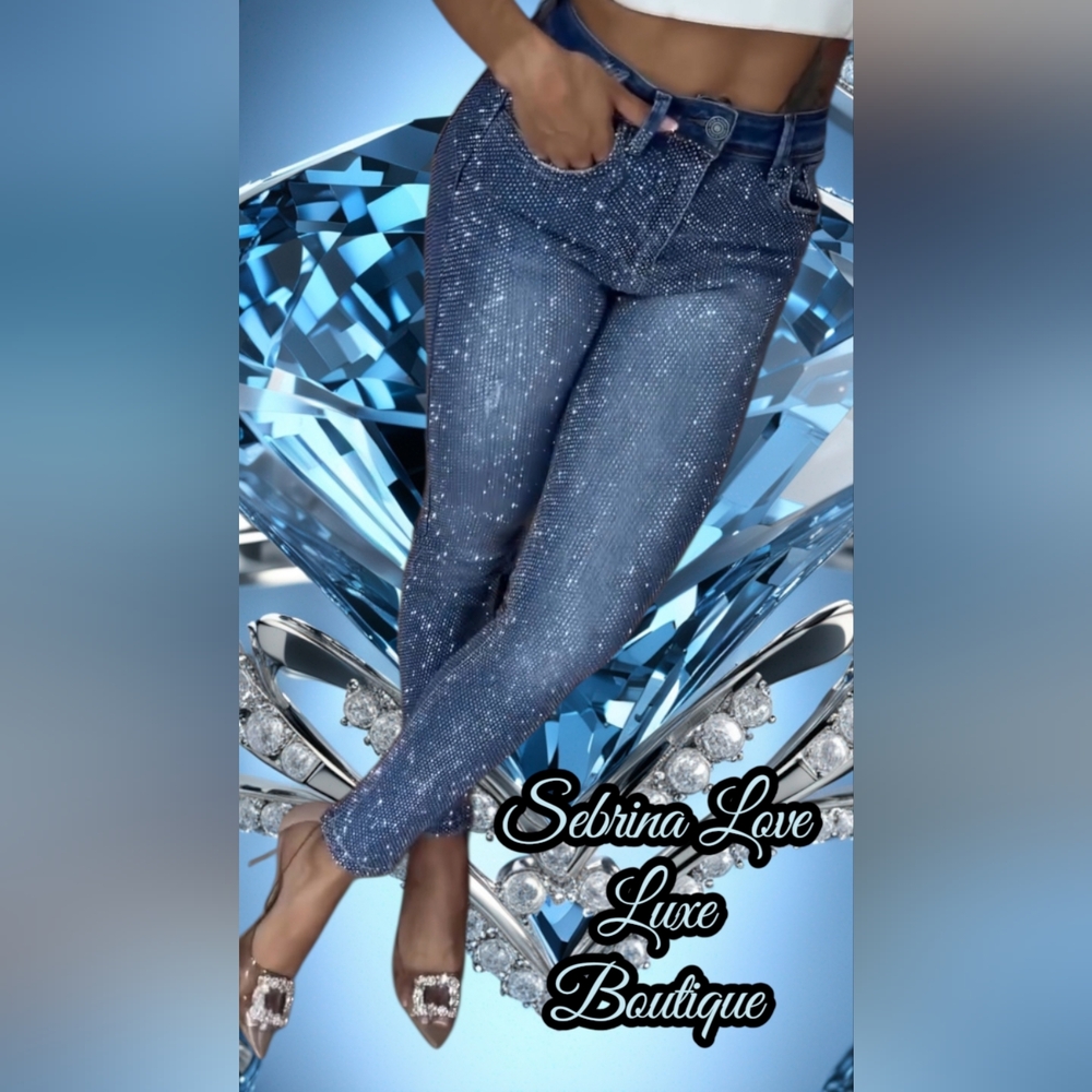 Luxe Sparkly Rhinestone Crystal Blue Skinny Jeans (Size 2X)